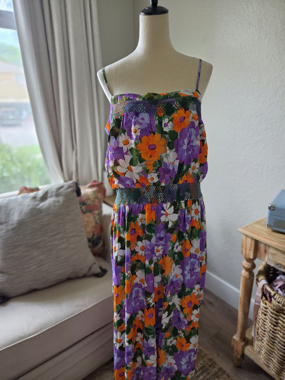 Plenty by Tracy Reese Green, Purple & Orange Floral Smocked Jumpsuit